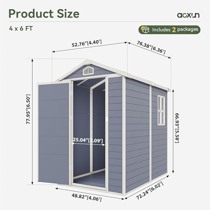 Aoxun 6.3 X 4.2 FT Resin Storage Shed Outdoor Plastic Large Garden Shed with Lockable Door, Floor for Backyard, Garden, Patio, Lawn, Grey (Grey, 6.3 x 4.4)