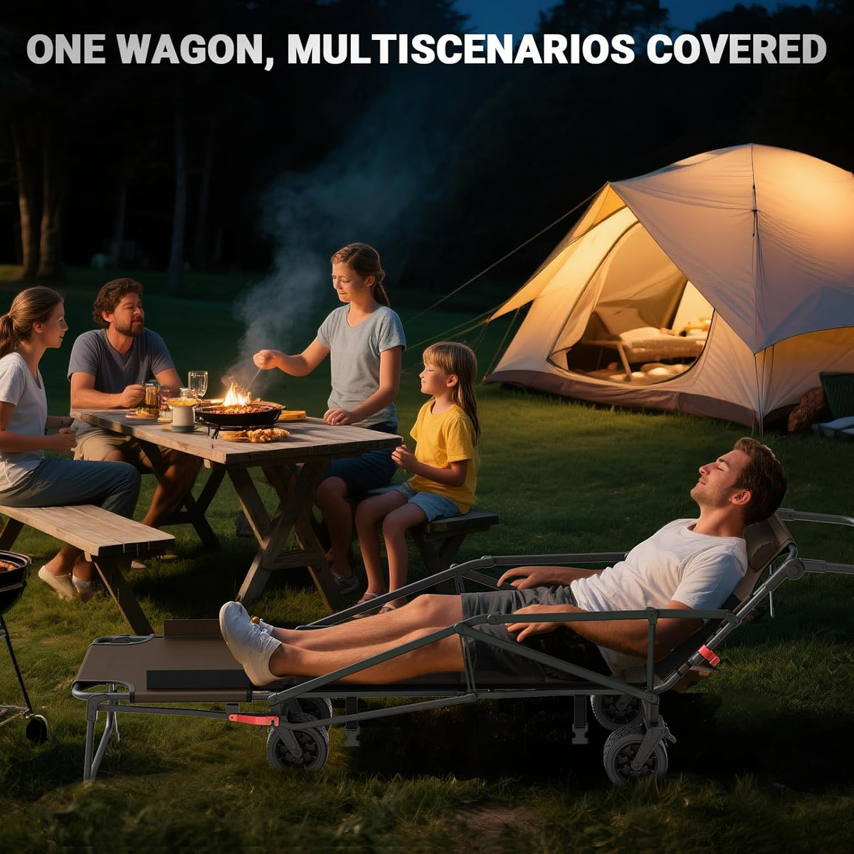 LEVELEVE Heavy Duty Folding Wagon - 2-in-1 Collapsible Cart, 650lb Capacity, All-Terrain Wheels w/Brakes & Side Pockets (Brown)
