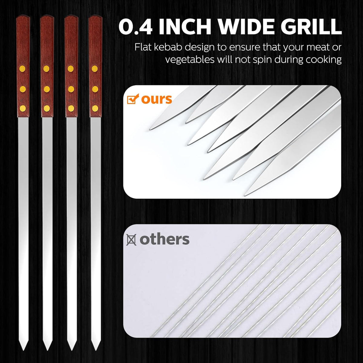 Cunhill 12 Pcs 19.7 Inch Kabob Skewers for Grilling 0.4 Inch Wide Flat Blade Thin Stainless Steel Kabob Sticks Long Barbecue Reusable Metal BBQ Skewers with Wood Handles for Tailgate Party Outdoor