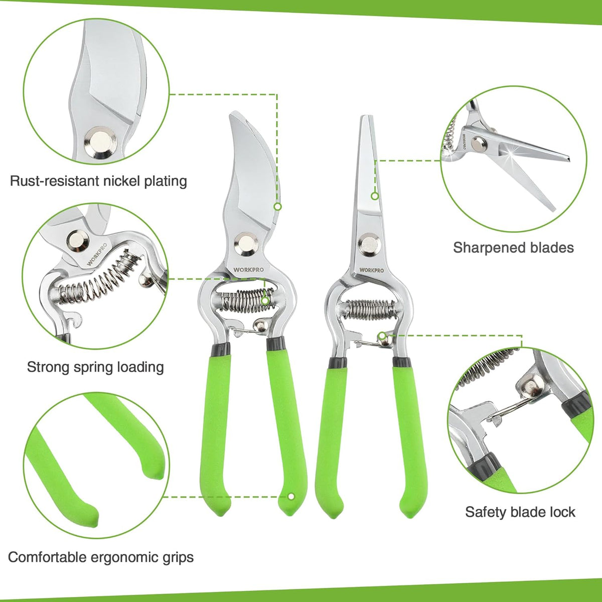 WORKPRO 2-Piece Pruning Shears and Garden Tool Belt Set, Gardening Belt with 5 Pockets and Adjustable Waist Belt, 8" Bypass Garden Shears and 8'' Handing Pruner with Steel Straight Blade