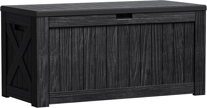 Greesum 120 Gallon Outdoor Storage Box with Lock - Large Resin Deck Box, Reinforced Lid for Garden, Patio, Lawn, Black