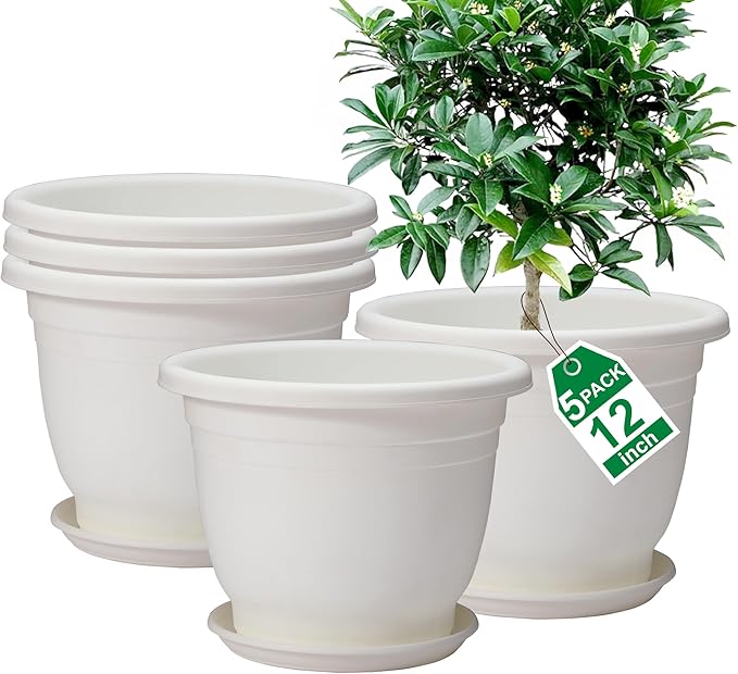 5 Packs 12 inch Flower Pots + Saucer, Planters for Indoor & Outdoor Plants with Drainage Holes | Plastic Flower Pots, Large Planter (White, 12 inch)