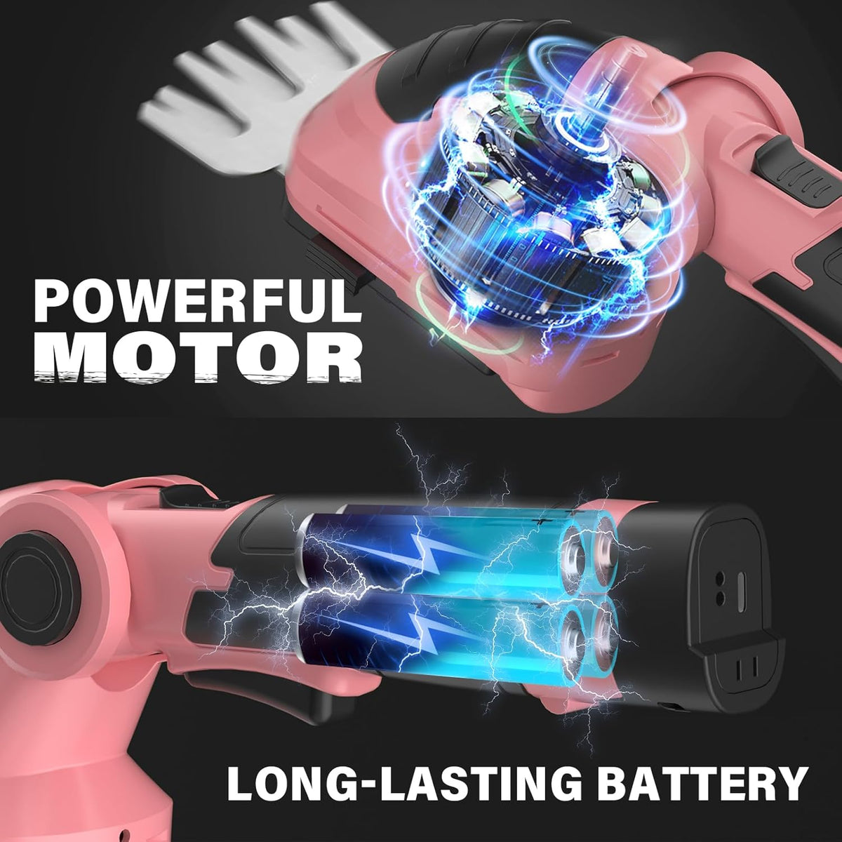 SOYUS Cordless Hedge Trimmer, 2 in 1 Electric Hedge Trimmers & Grass Shears, 7.2V Lightweight Shrub Trimmer Cordless with Battery and Charger, Ideal for Garden, Yard and Lawn - Pink