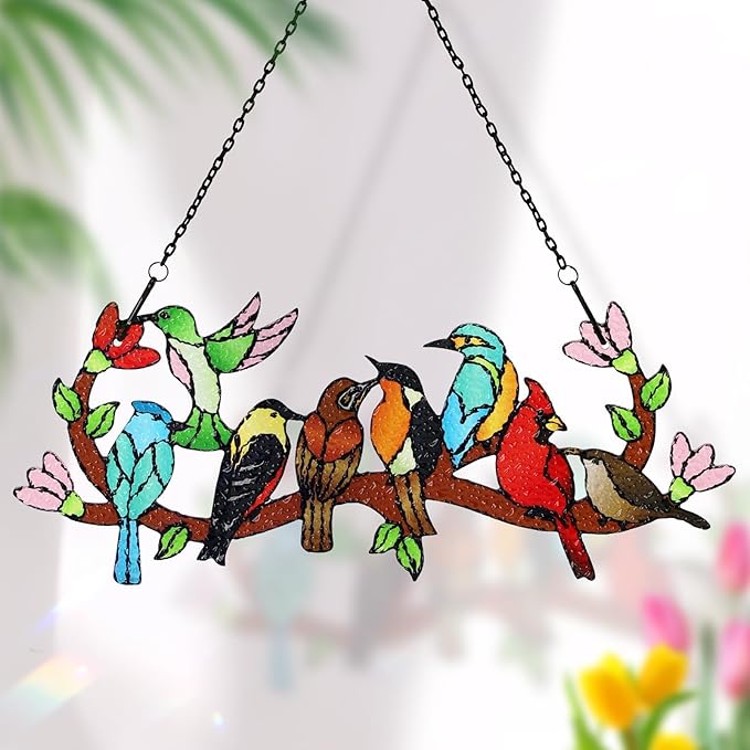Huray Rayho Birds On Branch Stained Glass Suncatcher Cardinal Hummingbird Kingfisher Double Side Glass Panel Window Hanging Decor Bird Ornament Bird Lover Gift for Mom Grandma