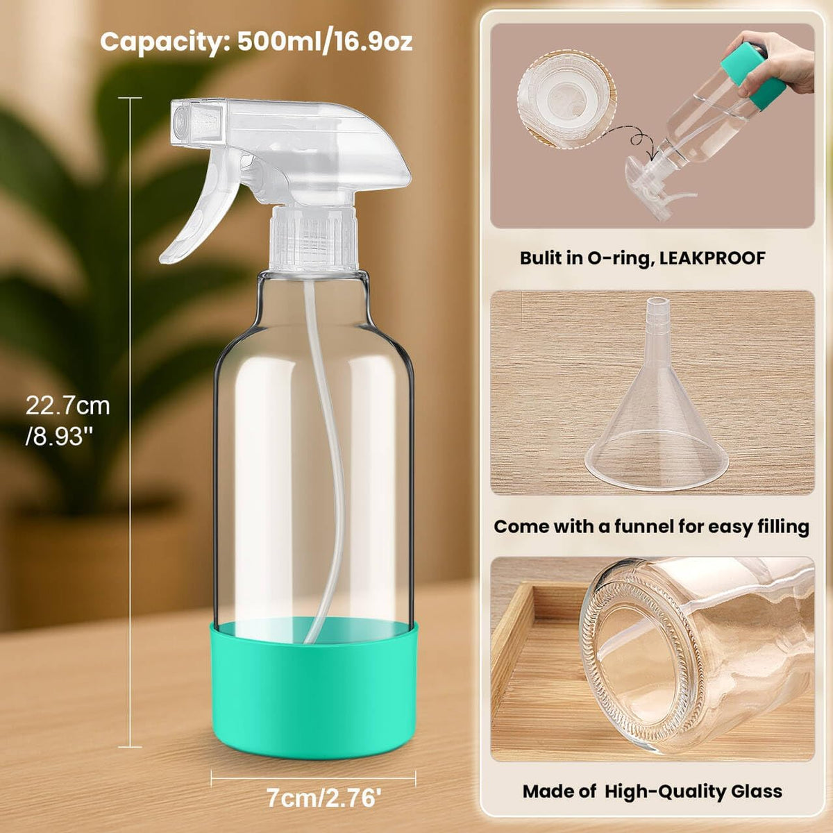 Glass Spray Bottles with Silicone Sleeve 16.9oz 2 Pack Empty Spray Bottle for Hair Mist/Stream Spraying for Cleaning Solutions, Plants, Essential Oils (clear-green&grey)