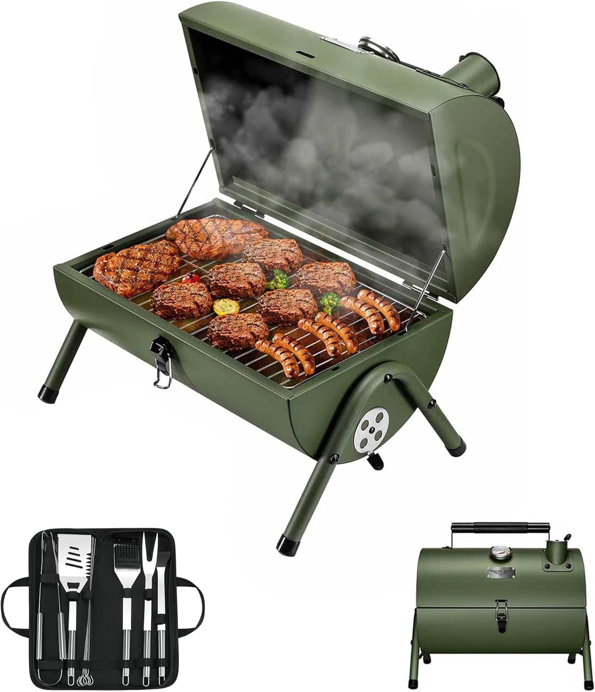 MAISON HUIS Adjustable Portable Charcoal Grill Multi-functional Metal Small BBQ Smoker with 9-Piece Stainless Steel Grill Tool Set for Outdoor Hiking Picnic (Green Kit)