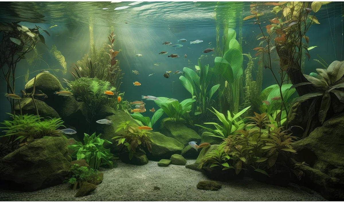 Under The Sea Aquarium Background Underwater Aquatic Plants Fish Tank Background Tropical Fish Rock with Moss Terrarium Background Undersea Green Grass with Sunbeams Terrarium Background 24x16in