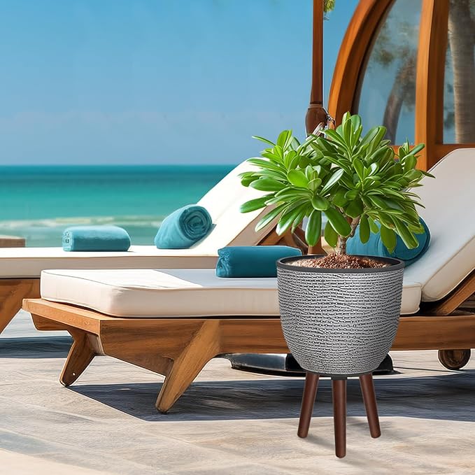 12 Inches Plant Pot with Stand, Large Decorative Standing Planters with Drainage Holes for Indoor Plants, Modern Gray Flower Pots with Legs