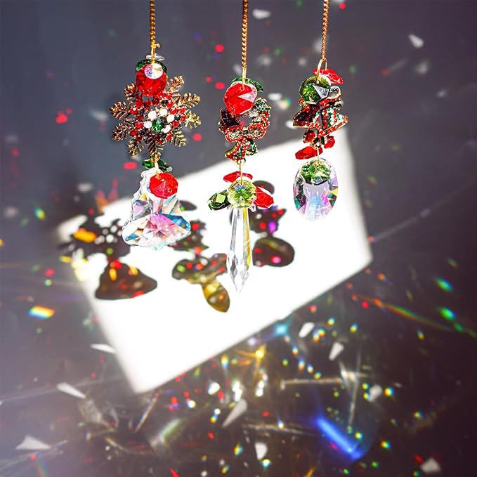 3 Pack Crystal Christmas Ornaments, Glass Rainbow Rhinestones Sun Catcher Prisms with Christmas Wreath Snowflake Bells,Suncatcher Hanging Crystal Pendants for Window Christmas Home Decor