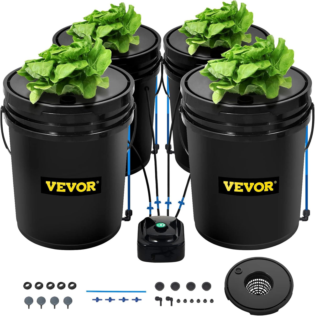 VEVOR DWC Hydroponic System, 5 Gallon 4 Buckets, Deep Water Culture Growing Bucket, Hydroponics Grow Kit with Pump, Air Stone and Water Level Device, for Indoor/Outdoor Leafy Vegetables