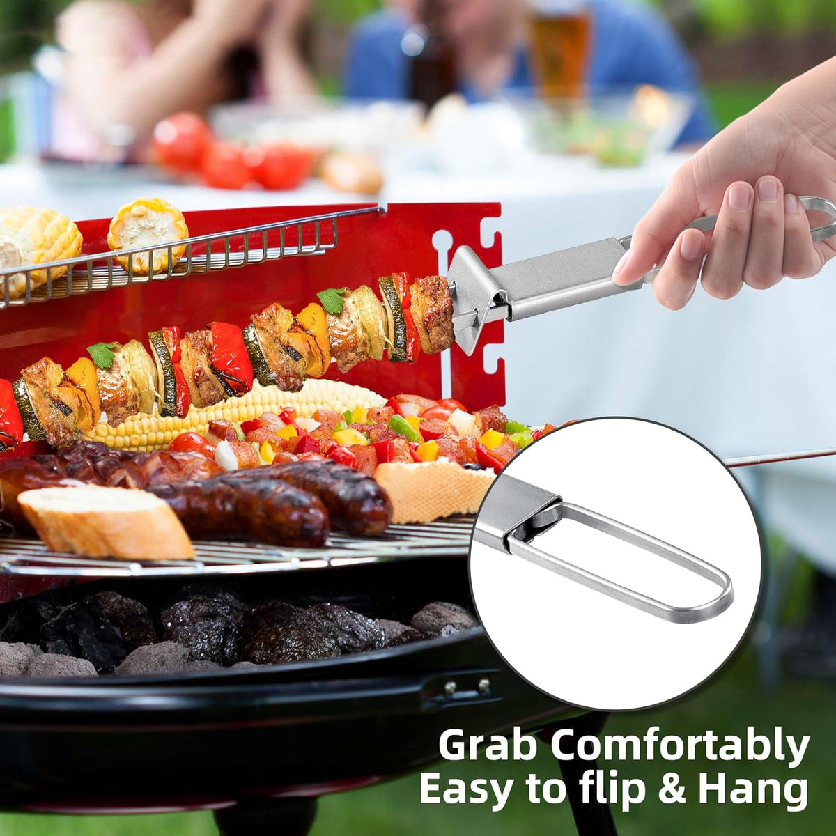 Skewers for Grilling - 13" Kabob Skewers with Push Bar Double Pronged Anti-Roll Metal Skewer for Kabobs, Stainless Steel Reusable BBQ Skewer for Grilling,Ideal for Meat Shrimp Vegetable 6pcs