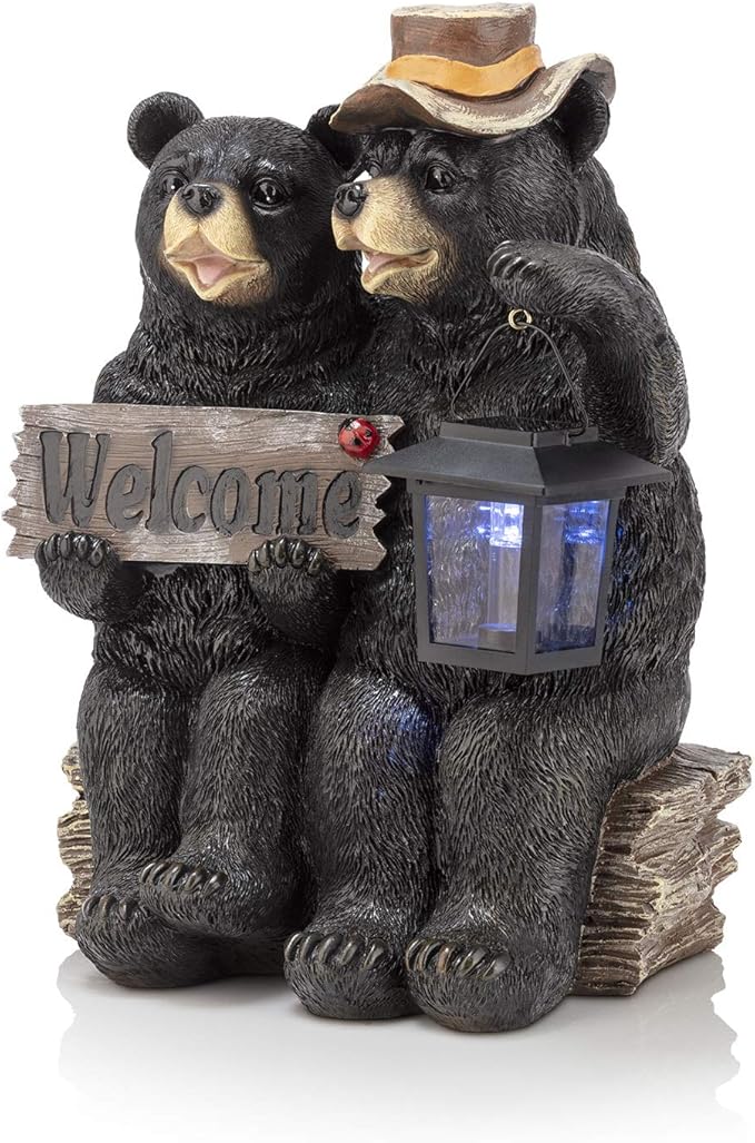 Alpine Corporation 15" Tall Outdoor Bear Couple with Lantern and Welcome Sign Statue with Solar LED Light Yard Art Decoration