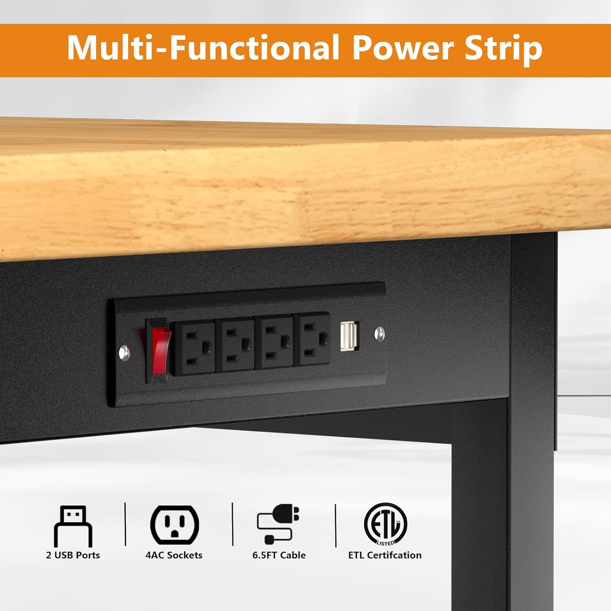 Solid Wood 60" Work Bench with Wheels, Heavy-Duty Workbench with Drawers, Adjustable Height Work Table with Power Outlets, 2000 LBS Capacity Workstation for Garage, Workshop(60" X 24")