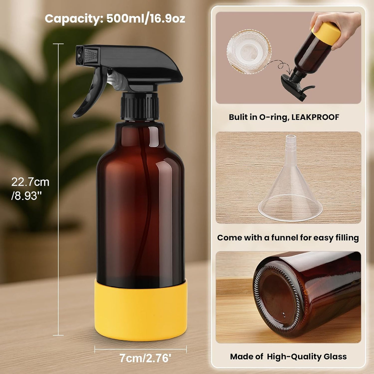 Glass Spray Bottles with Silicone Sleeve 16.9oz 2 Pack Empty Spray Bottle for Hair Mist/Stream Spraying for Cleaning Solutions, Plants, Essential Oils (Brown-grey&yellow)