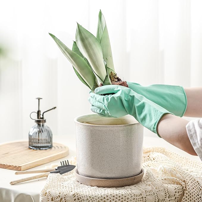 8 Inch Plant Pot: Ceramic Planter with Drainage Hole & Saucer - Cylinder Round Flowerpot for Indoor & Outdoor Plants - with Separate Tray for Home & Office - Retro Style, Grey