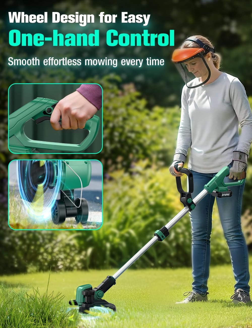 KIMO Cordless Weed Wacker Battery Operated w/ 2 x 2.0Ah Batteries, 2-in-1 String Trimmer & Edger with Charger & Wheels, 10Pcs Cutting Lines, 12" Dual-Sided Cutting Line, 20V Weed Trimmer for Lawn Yard