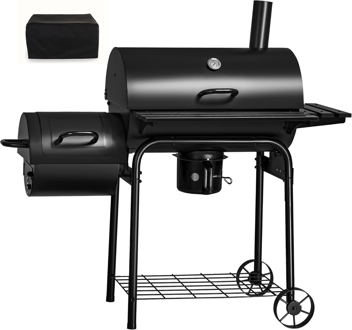 Flamaker Grill Outdoor Charcoal Grills with Side Oven & Thermometer Offset Smoker with Ash Catcher & Cover for Camping Picnics, BBQ, Hiking