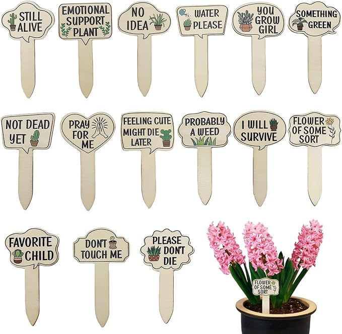 15pcs Funny Plant Signs Garden Markers Wooden Plant Labels Tab with Interesting Words Cute Patterns for Indoor and Outdoor Potted Used to Distinguish Potted Plants