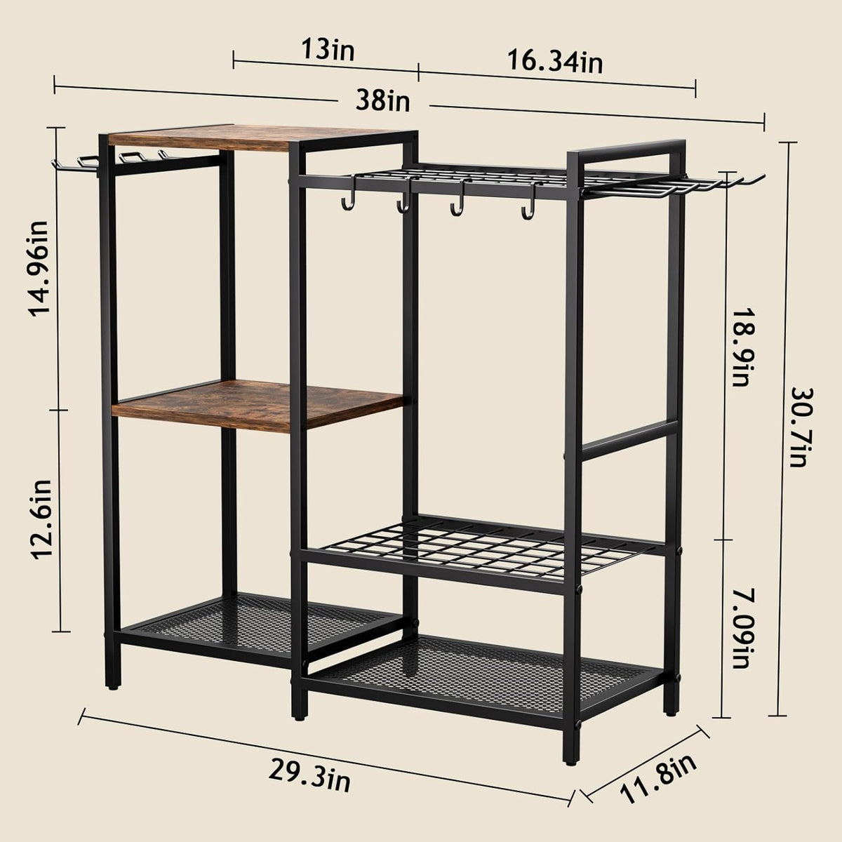 Garden Garage Tool Organizer - with 3-tier Shelves, Yard Tool Organizer for Garage with 4 Hooks, Heavy duty Steel Garden Tool Rack Holds up to 48 Long Handled Yard tools for Storage