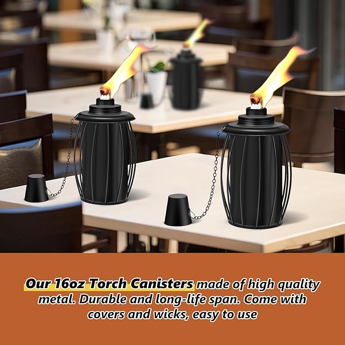 6-Pack Upgraded Torch Canisters,16oz Replacement Torch Refillable Canisters with Wicks,Caps, Outdoor Citronella Fuel Torch Canister for Luau Party, DIY Garden Decor.