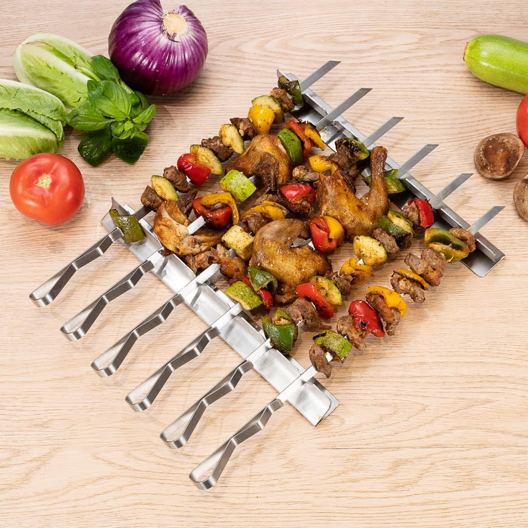 Restaurantware Met Lux 16.9 Inch Barbecue Skewers With Racks 8 Piece Heavy-Duty Shish Kabob Skewer Set - Brings 6 Skewers Includes 2 Grill Racks Stainless Steel Grilling Skewer Set Reusable