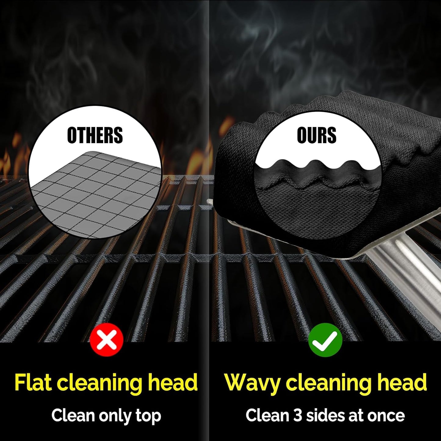 Grill Brush Bristle Free,Upgraded Aramid Fiber Wavy Pad Perfect for Cast Iron Grates/Porcelain/Weber Gas/Charcoal Grill,Replaceable Cleaning Head,Safe Grill Brush for Outdoor Grill