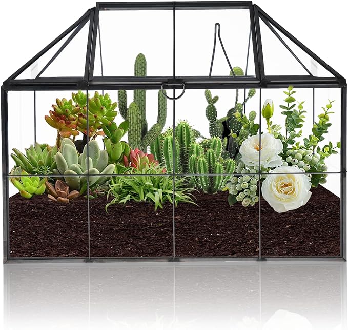 HighFree Geometric Terrarium Planter with Swing Lid, House Shape Black Handmade Glass Box, Vintage Tabletop Miniature Terrarium, for Succulent, Cacti, Air Plants (Not Watertight - 9.2x5.5x7.3 inch)