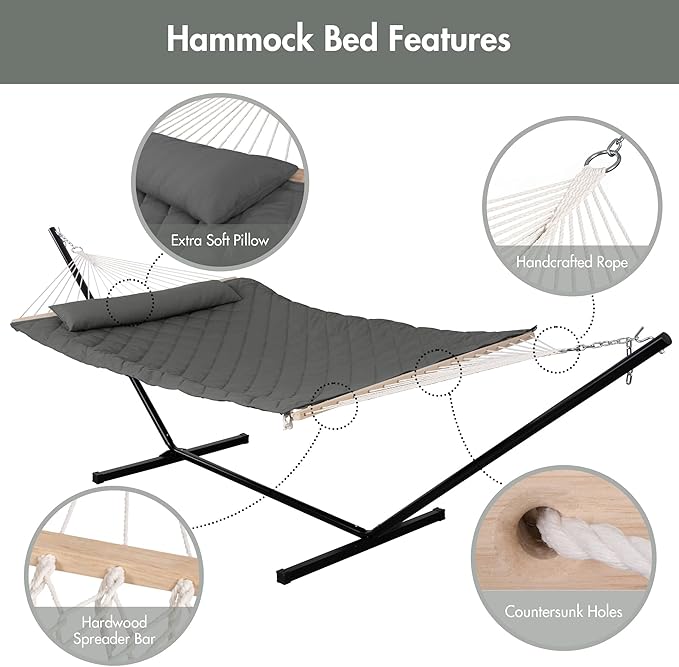 ANOW Outdoor Hammock with Stand 12FT, Heavy Duty Hammock with Steel Stand, Included Detachable Pillow and Pad, 450 LBS Weight Capacity, Gray