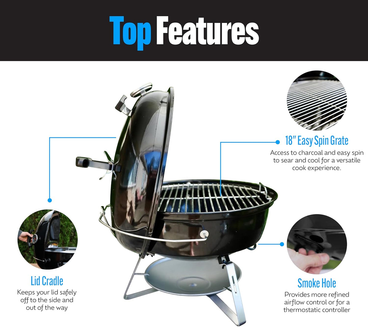 SnS Grills Slow ‘N Sear Travel Kettle, 2-Zone Cook Charcoal Basket and Easy Spin 18” Grate - Portable Charcoal Grill for BBQ Cooking - Travel Kettle 18”