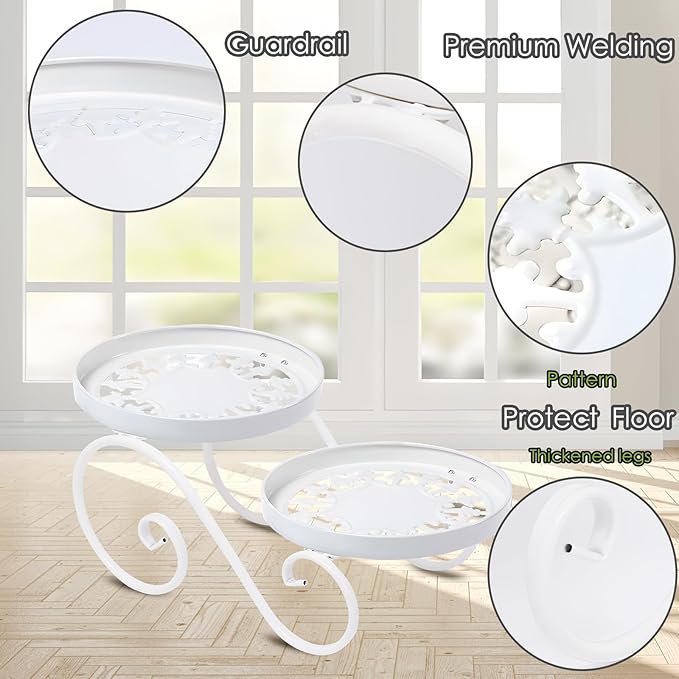 2 Tier White Plant Stand, Metal Flower Stand Indoor Outdoor, Anti-Rust Iron Plant Shelf, Round Flower Pot Stands for Multiple Plants, Display Rack Potted Plant Holders for Garden Home Decor