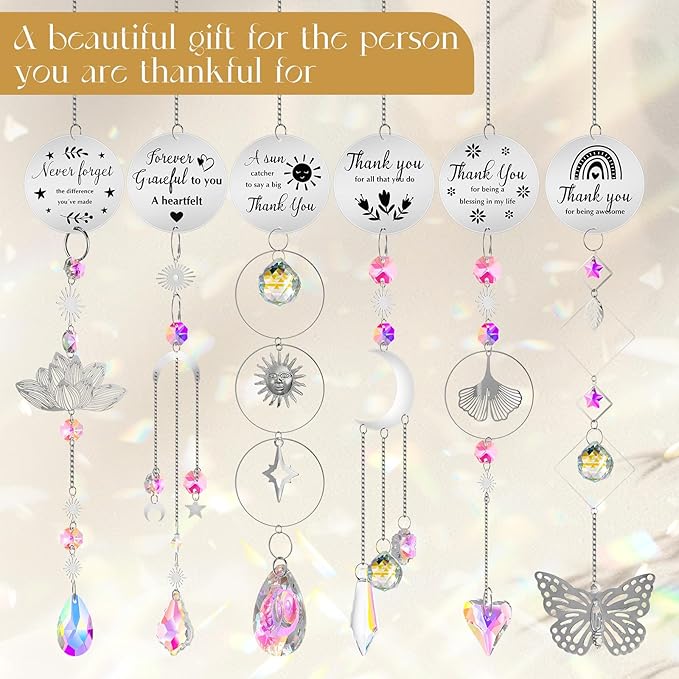 6 Pcs Thank You Gifts for Women Crystal Suncatcher Thank You with Engraved Message Hanging Sun Catcher Ornament for Windows Friend Teacher Coworkers Appreciation Christmas Gratitude Gift