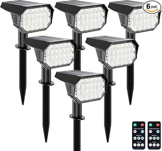 Brightown Solar Lights Outdoor Waterproof, White and Warm White 2 Colors Solar Spot Lights Outdoor with Remote Control, 3 Modes Solar Powered Outdoor Lights for Yard Porch Pathway Garden, 6 Pack
