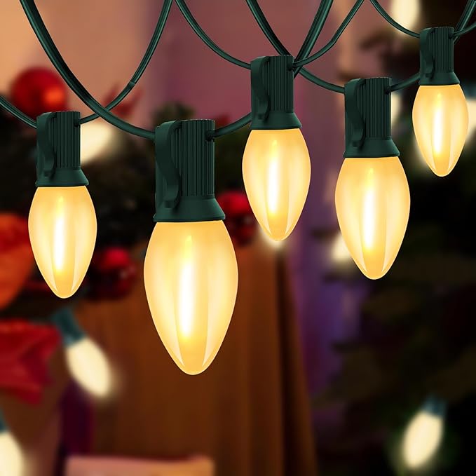 C7 LED Outdoor Frosted White String Lights, 25FT LED Outdoor Christmas Lights with 27 Clear Shatterproof Bulbs, Hanging Outdoor Decorations Vintage Christmas Lights for Party Tree Patio Garden Yard