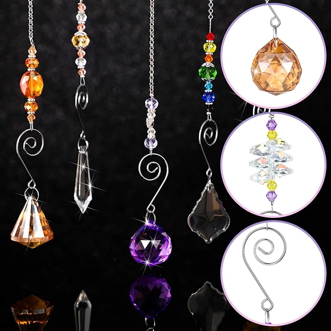 Hicarer 9 Pcs Crystal Suncatchers Hanging Catchers with Chain Colorful Glass Pendant Beads Chandelier Prism Ornament for Window Home Wall Tree Cars Decor Wedding Birthday Anniversary Party Gifts