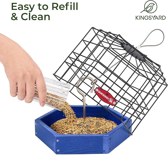 Kingsyard Squirrel Proof Platform Bird Feeder for Outdoor Hanging, Caged Bird Feeder for Bluebird Mealworm, Recycled Plastic Feeding Platform with Metal Mesh Tray, Special for Small Birds, Blue
