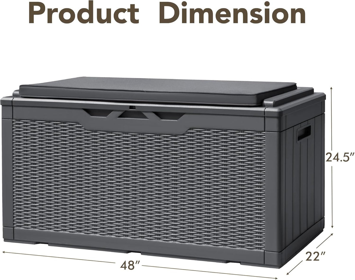 Devoko 100 Gallon Deck Box, Waterproof Resin Outdoor Storage Box with Cushion for Outside and Patio, Large Outdoor Storage Bench Cabinet Lockable for Patio Furniture and Garden Tools (Gray)