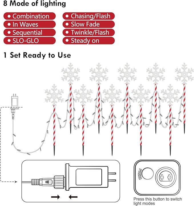 Christmas Pathway Lights Snowflake Outdoor 10PK 28inch 250LED 8 Modes Yard Decoration Flashing Waterproof Outdoor Lighted Up Christmas Light Decor for Garden Yard (Red)