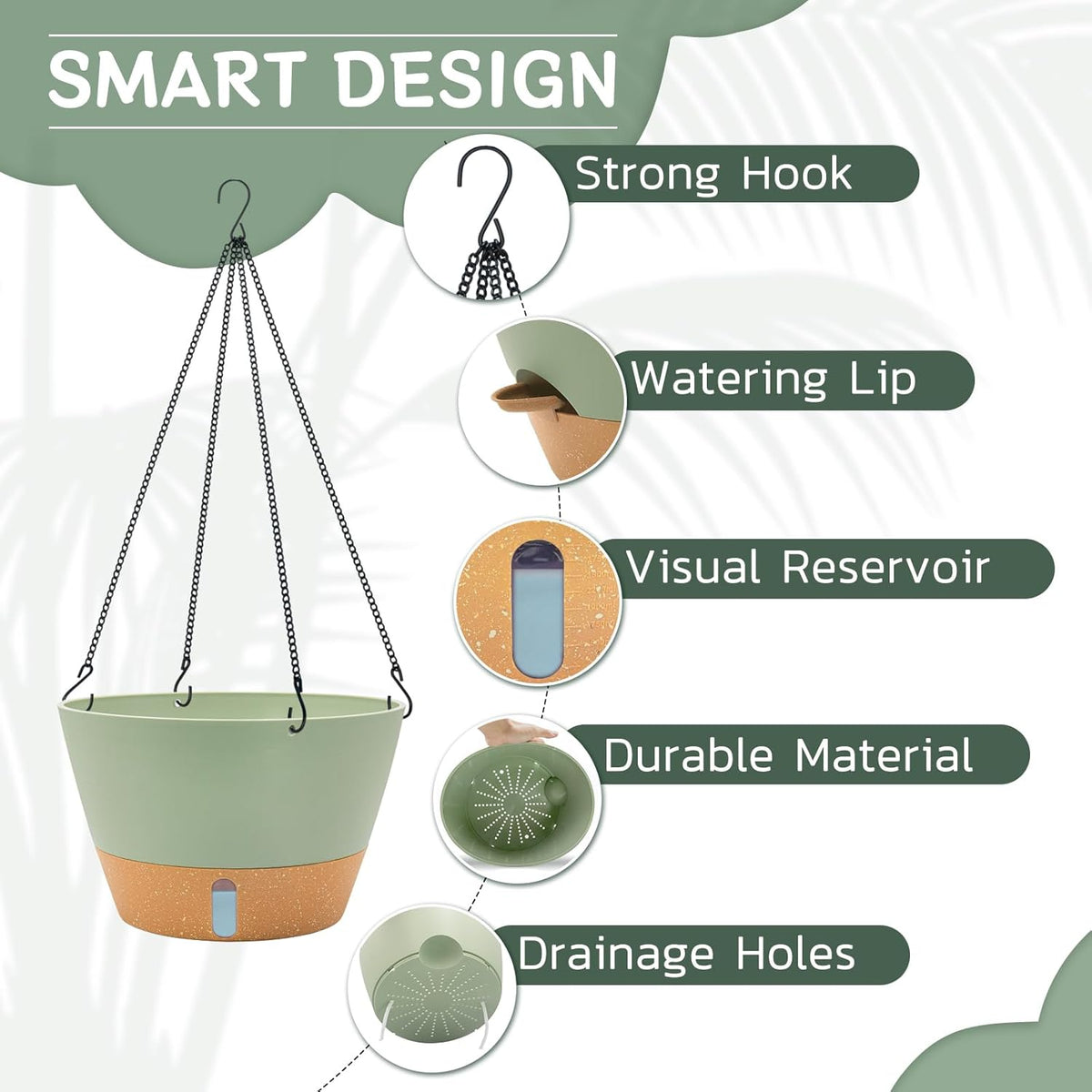ZMTECH 12 Inch Large Hanging planters for Indoor, 2 Pack Self Watering Plant Pot for Outdoor Garden Porch, Hanging Flower Pot with Visible Water Level & Removable Tray(12Inch, Green)