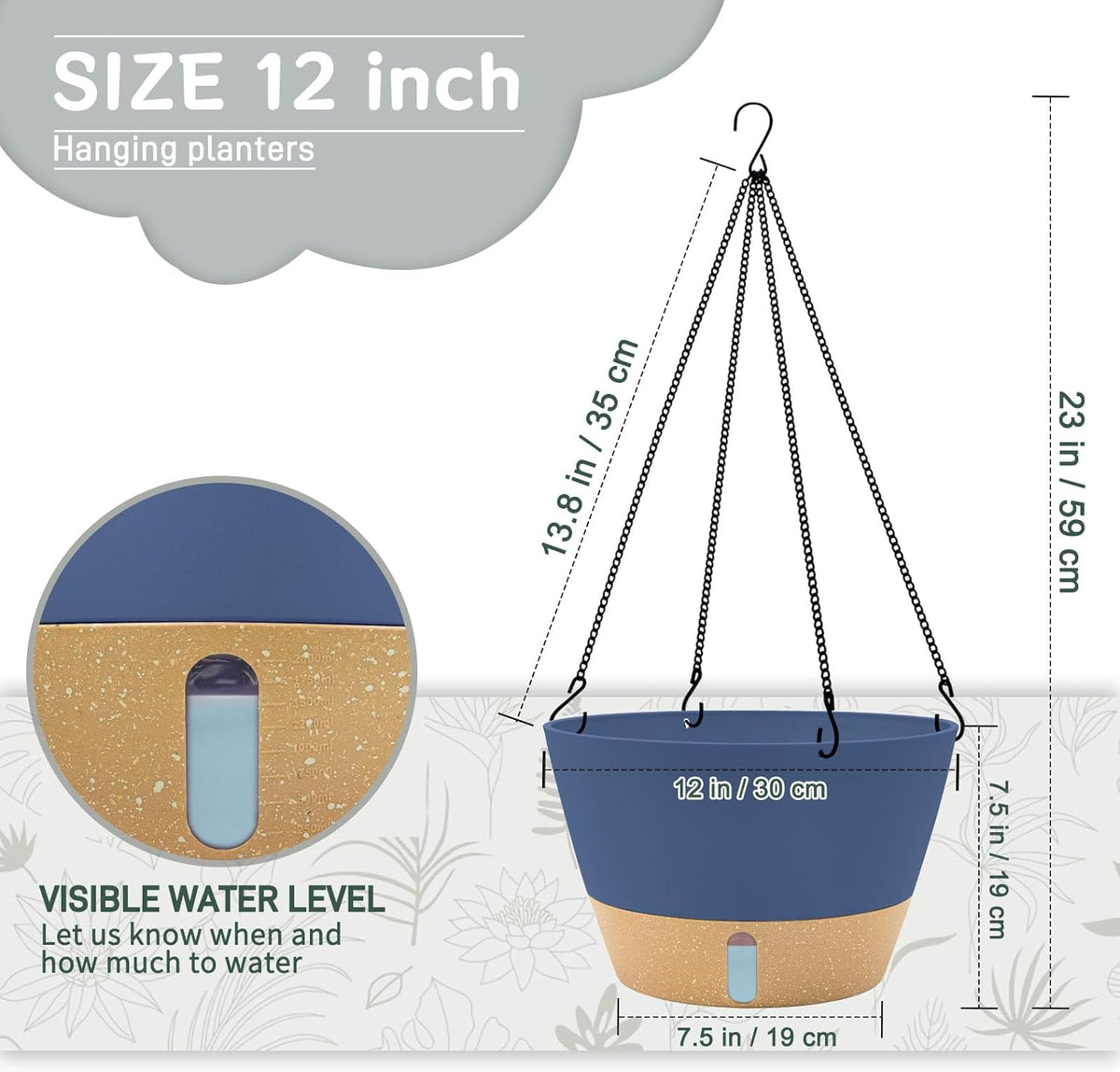 ZMTECH 12 Inch Large Hanging planters for Indoor, 2 Pack Self Watering Plant Pot for Outdoor Garden Porch, Hanging Flower Pot with Visible Water Level & Removable Tray(12Inch, Blue)