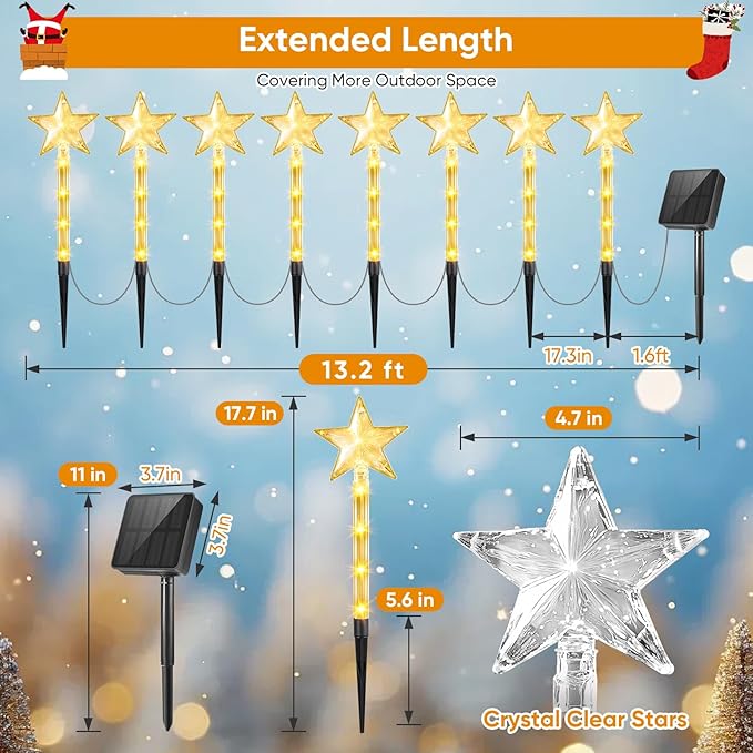 Christmas Decorations Solar Lights Outdoor: 8 Pack 64 LED Solar Christmas Lights Outdoor Waterproof, 8 Warm White Lighting Modes Christmas Pathway Lights Xmas Decor for Outside Yard Garden Backyard