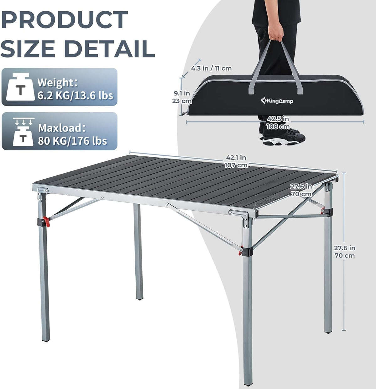 KingCamp Aluminum Folding Lightweight Roll Portable Stable Table for Camping Picnic Barbecue Backyard Party, Indoor & Outdoor, Oversize, Silver Black