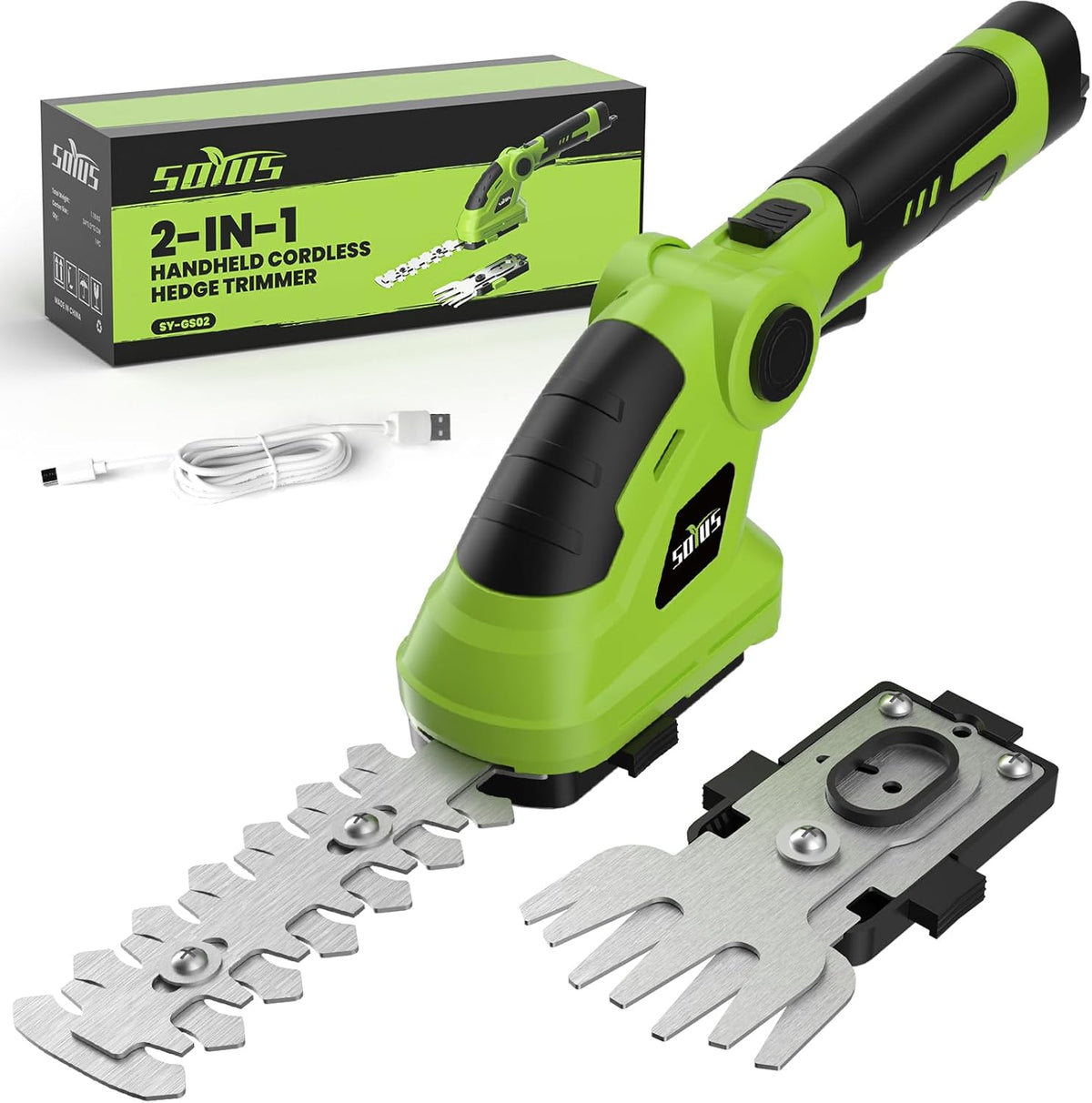 SOYUS Cordless Hedge Trimmer, 2 in 1 Electric Hedge Trimmers & Grass Shears, 7.2V Lightweight Shrub Trimmer Cordless with Battery and Charger, Ideal for Garden, Yard and Lawn - Green