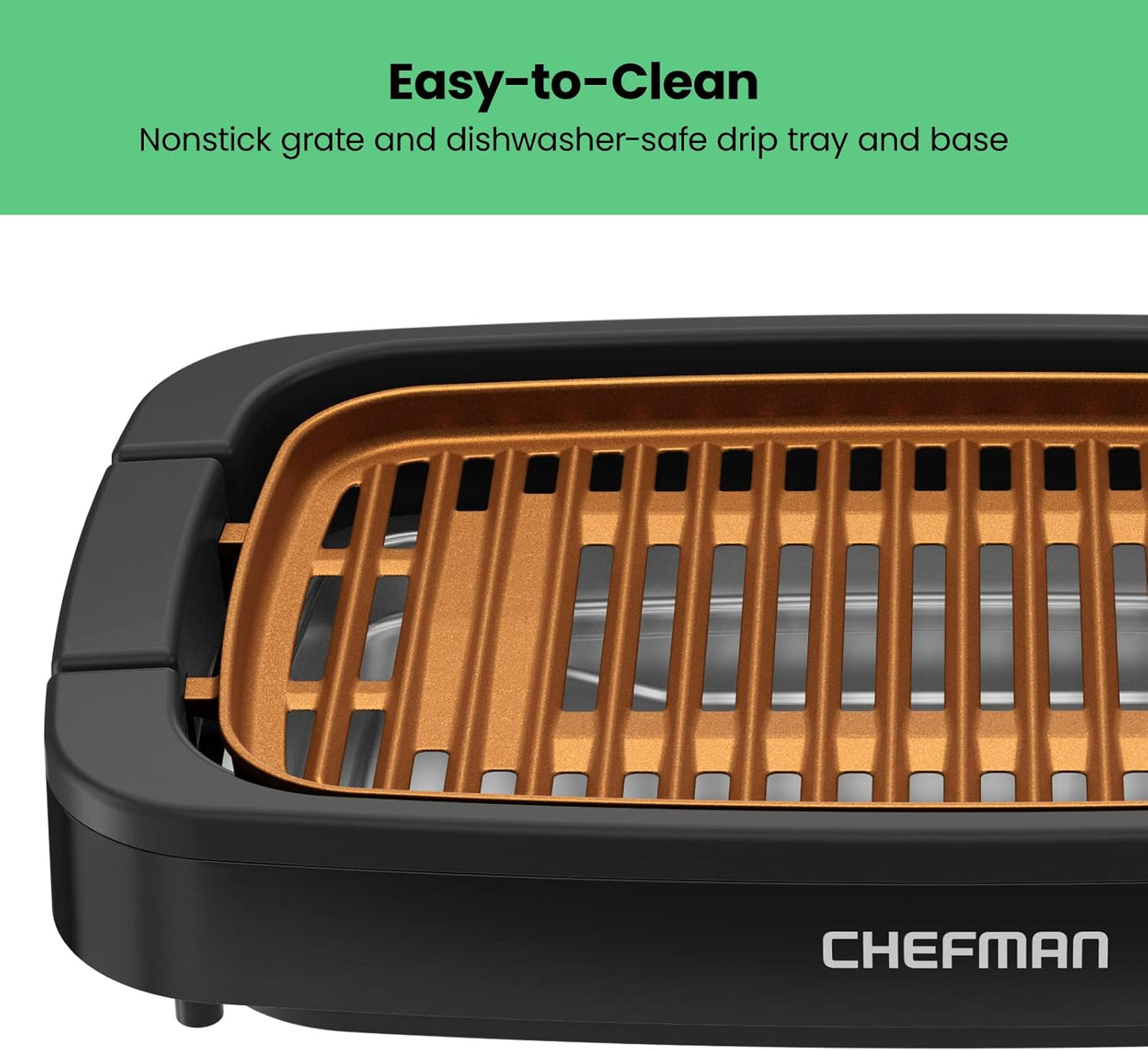 Chefman Smokeless Indoor Electric Grill, Copper, Extra Large, Nonstick Table Top Grill for Indoor Grilling and BBQ with Adjustable Temperature Control, Nonstick Dishwasher-Safe Parts, 9" x 15"