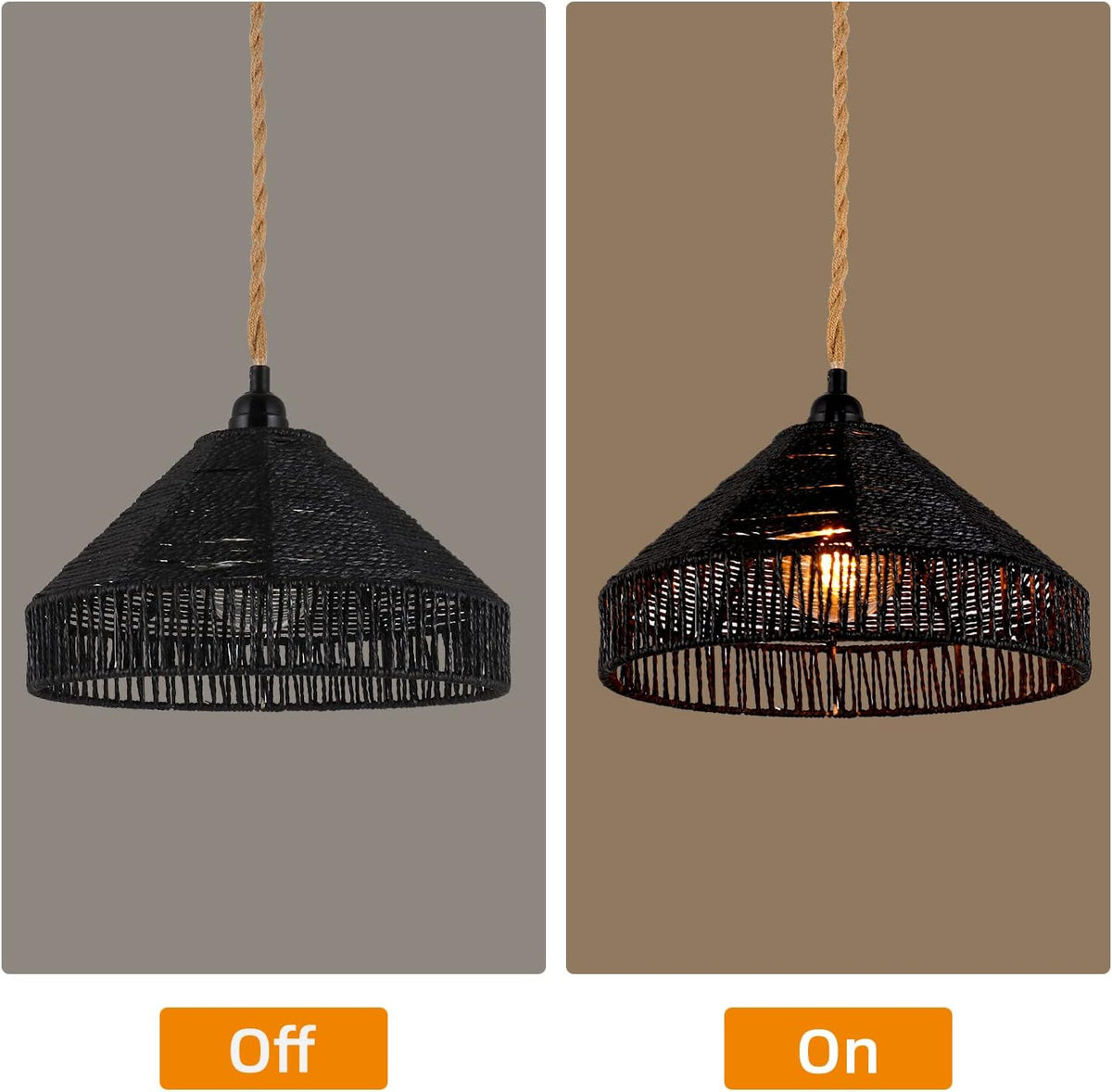 Plug in Pendant Light Rattan Hanging Lamp with On/Off Switch 15 Ft Hemp Rope Modern Woven Pendant Light Fixtures 12" Handwoven Rattan Basket Shade Boho