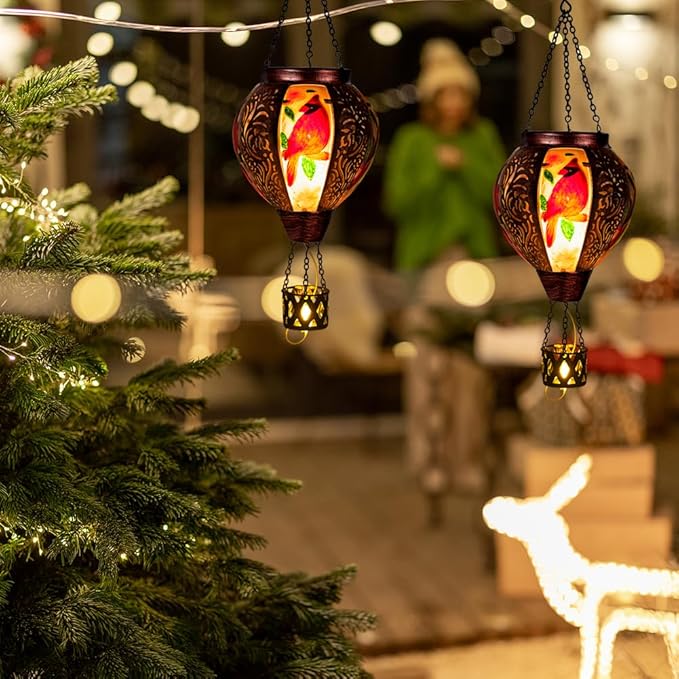 Cardinal Solar Hot Air Balloon Lantern with Flickering Flame Hanging Solar Lanterns Outdoor Waterproof,Metal Hot Air Balloon Lights for Patio Yard Party Garden Decor,Cardinal Gifts for Women