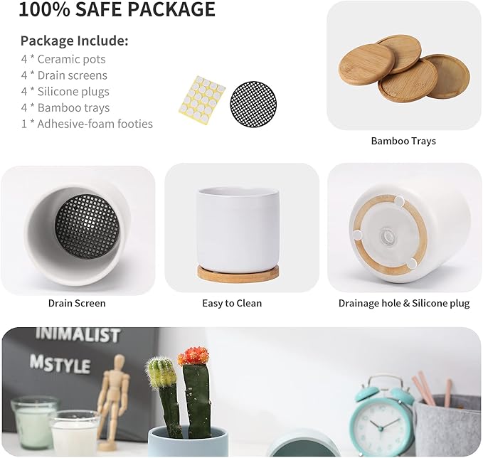 4 Inch Planters with Drainage Hole and Saucer, Small Ceramic Cylinder Plant Pot with Trays for Succulent, Aloe, Cactus & Herbs, Morandi Colors, Set of 4