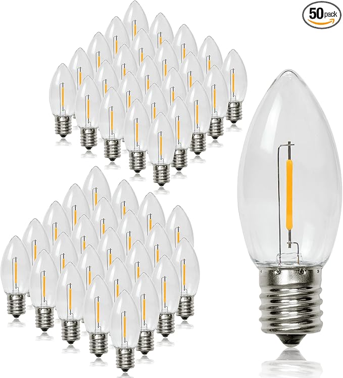 50 Pack C9 LED Replacement Christmas Light Bulbs, Soft White 2700K Waterproof Shatterproof Outdoor String Lights Vintage LED Filament Bulb, E17 Base, Commercial Grade Holiday Decoration Bulbs