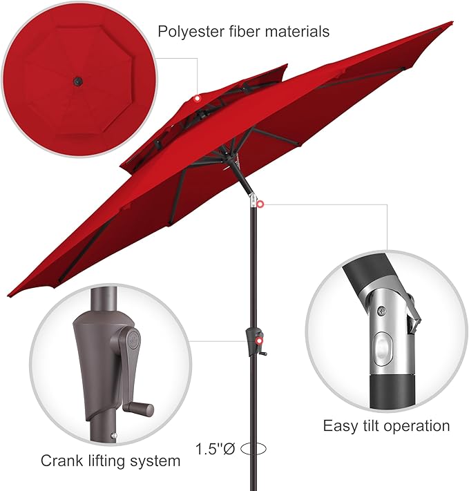 9ft Outdoor Patio Umbrella - 2 Tiers Table Umbrella Waterprool UV Protection, Sombrillas de Patio with Push Button Tilt&Crank, Sun Umbrella for Pool, Porch, Garden, Backyard(Red)
