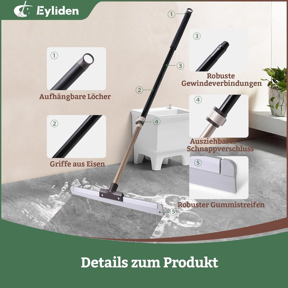 Eyliden 17" Rubber Floor Squeegee - Quick Water & Foam Removal, Dual-Action Push & Scrape Heavy-Duty Scrubber Broom with Telescopic Handle, for Bathroom Shower Kitchen Floors Glass Pool