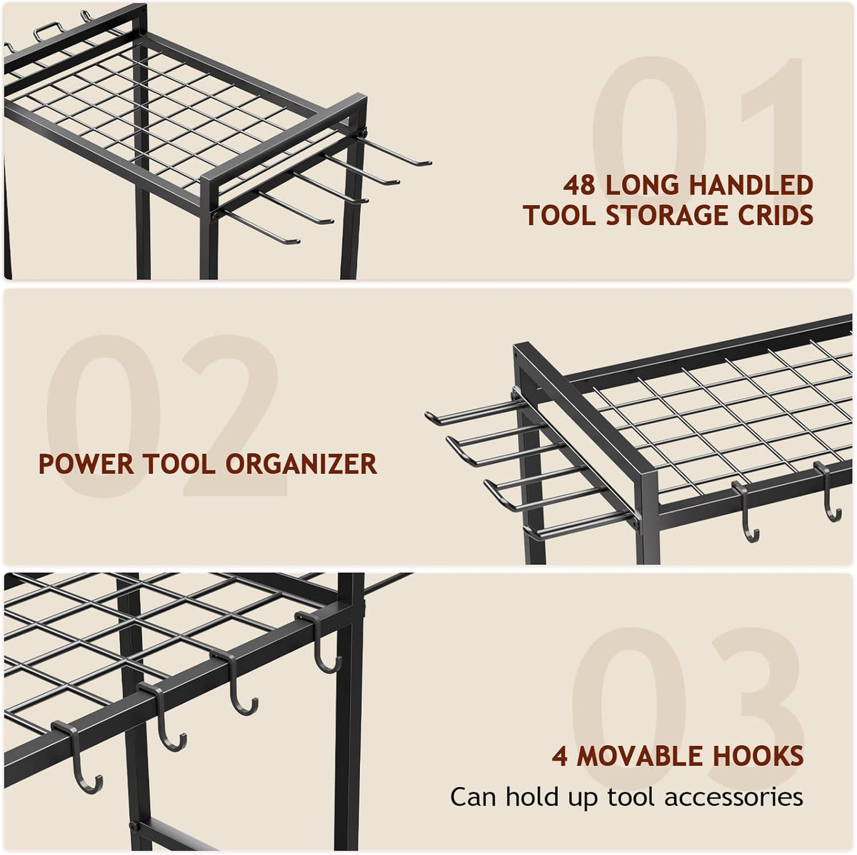 Garden Garage Tool Organizer Yard Tool Organizer for Garage with 4 Hooks, Heavy duty Steel Garden Tool Rack Holds up to 48 Long Handled Yard tools for Storage